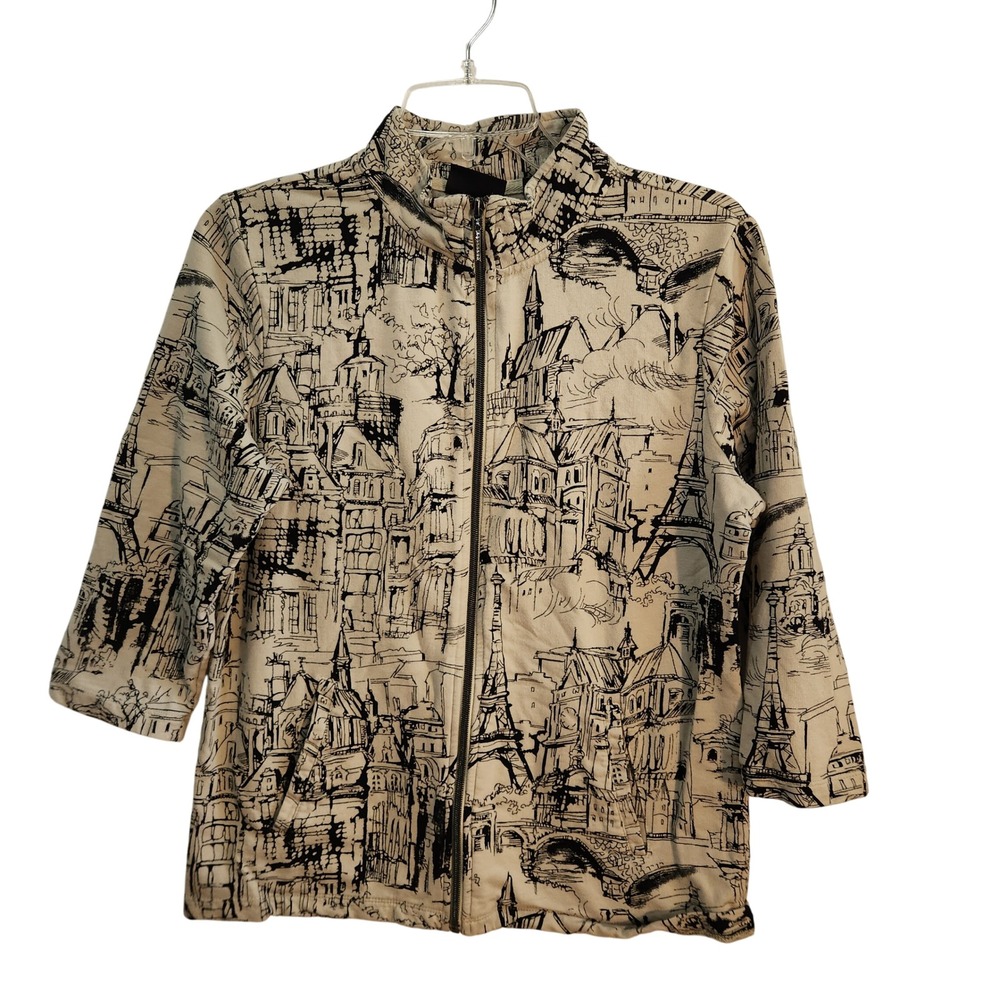 Onque Casual Paris Print Zip Up Jacket 3/4 Sleeve Small Eiffel‎ Tower